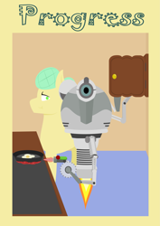 Size: 2123x3000 | Tagged: safe, artist:alltimemine, oc, oc only, species:pony, fallout equestria, artificial horn, buzzsaw, circular saw, fanfic, fanfic art, female, fried egg, high res, inkscape, lineless, magic, mare, ministry of wartime technology, mister handy, poster, profile, robot, saw, smiling, solo, vector