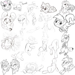 Size: 1000x1000 | Tagged: safe, artist:dustysculptures, character:autumn blaze, character:derpy hooves, character:pinkie pie, character:queen chrysalis, character:rainbow dash, character:twilight sparkle, non-mlp oc, oc, species:anthro, species:human, species:kirin, species:pony, episode:sounds of silence, g4, my little pony: friendship is magic, anthro with ponies, armpits, bipedal, chibi, doodle, faec, female, filly, gritted teeth, male, mare, monochrome, nirik, nymph, one punch man, pudding face, rearing, sketch, sketch dump, super deformed