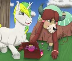 Size: 2600x2200 | Tagged: safe, artist:azurllinate, character:yona, oc, oc:sol bright, species:pony, species:unicorn, species:yak, age difference, canon x oc, chuckle, cloven hooves, crumbs, cupcake, embarrassed, female, food, hungry, lying down, male, messy eating, shipping, solna, story included, straight, sugarcube corner, tree