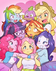 Size: 1500x1889 | Tagged: safe, artist:jirousan, character:applejack, character:fluttershy, character:pinkie pie, character:rainbow dash, character:rarity, character:spike, character:spike (dog), character:sunset shimmer, character:twilight sparkle, character:twilight sparkle (scitwi), species:dog, species:eqg human, my little pony:equestria girls, applejack's hat, barrette, belt, big breasts, blushing, bone, breasts, busty fluttershy, busty pinkie pie, busty rarity, cardigan, clothing, collar, cowboy hat, cute, cutie mark on clothes, dashabetes, diapinkes, dog treat, eyeshadow, female, floating heart, freckles, glasses, gradient background, group hug, group photo, hair tie, hairclip, hairpin, hat, heart, hug, humane five, humane seven, humane six, jackabetes, jacket, looking at you, makeup, male, one eye closed, open mouth, pink background, ponytail, shimmerbetes, shirt, shrunken pupils, shyabetes, simple background, skirt, smiling, spikabetes, stetson, tank top, twiabetes, wink, wristband