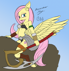 Size: 2000x2067 | Tagged: safe, artist:sepiakeys, character:fluttershy, character:harry, species:anthro, species:pegasus, species:pony, species:unguligrade anthro, armor, axe, berserker, berzerker, bracer, breasts, busty fluttershy, clothing, fantasy class, female, fur, leather, solo, unconvincing armor, weapon, wings