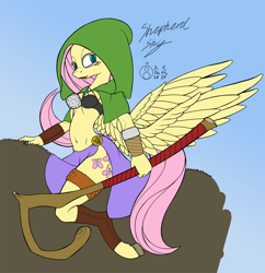 Size: 968x1000 | Tagged: safe, artist:sepiakeys, character:fluttershy, character:harry, species:anthro, species:pegasus, species:pony, species:unguligrade anthro, armor, belly button, bracer, breasts, busty fluttershy, clothing, fantasy class, female, fur, leather, midriff, shepard, shepard's crook, solo, unconvincing armor, weapon, wings