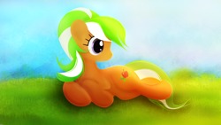 Size: 3840x2160 | Tagged: safe, artist:startledflowerpony, character:apple leaves, species:pony, apple family member, prone, solo