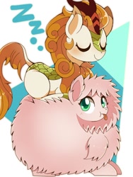 Size: 768x1024 | Tagged: safe, artist:erufi, character:autumn blaze, oc, oc:fluffle puff, species:kirin, species:pony, episode:sounds of silence, g4, my little pony: friendship is magic, spoiler:s08, :t, abstract background, awwtumn blaze, behaving like a cat, blep, blushing, colored pupils, cute, duo, eyes closed, female, fluffy, frown, if i fits i sits, looking up, mare, prone, silly, sleeping, tongue out, zzz