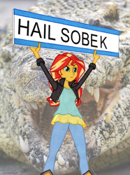 Size: 950x1278 | Tagged: safe, artist:manly man, edit, character:sunset shimmer, my little pony:equestria girls, crocodile, exploitable meme, female, hbomberguy, meme, sign, sobek, solo, sunset's board, youtubers reference