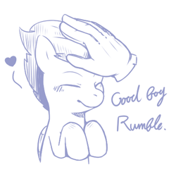 Size: 450x440 | Tagged: safe, artist:japananon, artist:昔の傷口, character:rumble, species:pegasus, species:pony, colt, disembodied hand, eyes closed, foal, hand, heart, male, monochrome, petting, sitting, sketch, smiling, solo