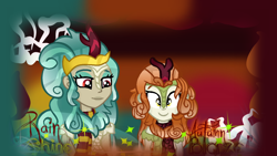 Size: 1288x724 | Tagged: safe, artist:yaycelestia0331, base used, character:autumn blaze, character:rain shine, species:kirin, episode:sounds of silence, g4, my little pony: friendship is magic, my little pony:equestria girls, duo, equestria girls-ified, female, text