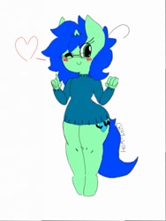 Size: 385x512 | Tagged: safe, artist:chillywilly, oc, oc:chilly willy, species:anthro, species:unguligrade anthro, bottomless, clothing, femboy, heart, male, one eye closed, partial nudity, simple background, solo, sweater, thunder thighs, wink