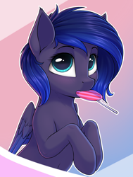 Size: 1242x1645 | Tagged: safe, artist:deltauraart, oc, oc only, oc:nyreen eventide, species:pegasus, species:pony, candy, cute, cute little fangs, fangs, female, food, lollipop, mare, mouth hold, ocbetes, solo