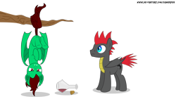 Size: 1920x1080 | Tagged: safe, artist:gamerpen, oc, oc:northern haste, species:bat pony, species:pony, bat ponified, hanging, hanging upside down, potion, prehensile tail, race swap, simple background, transformation, transparent background, tree, tree branch, upside down, vampire