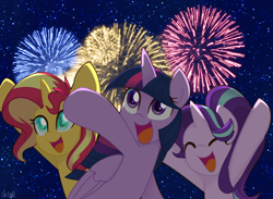 Size: 1024x751 | Tagged: safe, artist:ch-chau, character:starlight glimmer, character:sunset shimmer, character:twilight sparkle, character:twilight sparkle (alicorn), species:alicorn, species:pony, species:unicorn, cheering, eyes closed, female, fireworks, happy, hooves in air, lunar new year, magical trio, mare, night, night sky, open mouth, raised hoof, signature, sky, smiling, stars