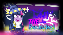 Size: 1286x728 | Tagged: safe, artist:yaycelestia0331, character:twilight sparkle, my little pony:equestria girls, clothing, fake beard, hat, robe, star swirl the bearded costume, text