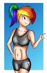 Size: 2736x4228 | Tagged: safe, artist:qbellas, character:rainbow dash, species:human, belly button, clothing, female, gym uniform, humanized, midriff, shorts, solo, sports bra