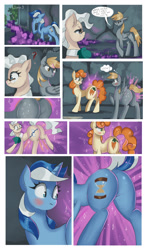 Size: 1792x3080 | Tagged: safe, artist:xjenn9fusion, commissioner:bigonionbean, writer:bigonionbean, character:carrot top, character:derpy hooves, character:golden harvest, character:mayor mare, character:minuette, species:pony, comic:administrative unity, comic:fusing the fusions, butt expansion, comic, commission, embarrassed, flank, flustered, fusion, growth, magic, plot, potion, semi-grimdark series, shocked, suggestive series, swelling, the plot thickens, thicc ass, wide hips, window