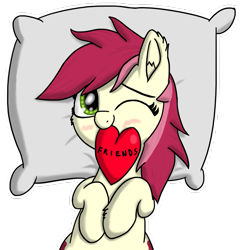 Size: 975x1011 | Tagged: safe, artist:nuxersopus, character:roseluck, species:pony, blushing, female, heart, pillow, solo, transparent