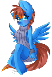 Size: 713x1063 | Tagged: safe, artist:blazemizu, oc, oc only, oc:blaze mizu, species:anthro, species:pegasus, g4, anatomically incorrect, backless, blushing, clothing, colored pupils, cute, female, incorrect leg anatomy, looking at you, mare, open mouth, open-back sweater, signature, simple background, sleeveless sweater, solo, spread wings, sweater, transparent background, virgin killer sweater, wings, wristband
