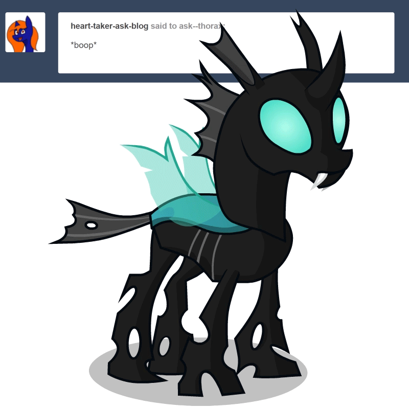 Size: 800x800 | Tagged: safe, artist:hyper dash, character:thorax, species:changeling, species:pony, animated, ask, blinking, blushing, boop, cute, cuteling, floppy ears, frown, gif, hesitant, hooves, leaning back, looking at something, male, nervous, not sure if want, offscreen character, onomatopoeia, open mouth, simple background, smiling, solo focus, spread wings, thorabetes, tumblr, white background, wings