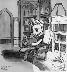 Size: 1772x1907 | Tagged: safe, artist:digiral, character:firelight, species:pony, species:unicorn, inktober, book, chair, grayscale, lamp, male, monochrome, signature, solo, stallion, traditional art