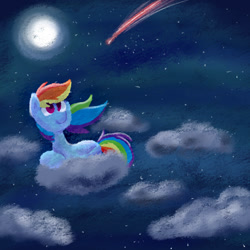 Size: 1200x1200 | Tagged: safe, artist:gintoki23, character:rainbow dash, species:pegasus, species:pony, cloud, cute, dashabetes, female, full moon, moon, night, no catchlights, on a cloud, prone, shooting star, sky, solo