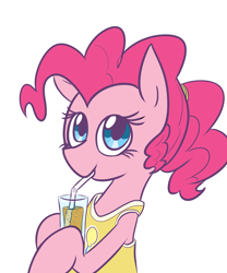 Size: 1250x1500 | Tagged: safe, artist:gintoki23, character:pinkie pie, species:pony, alternate hairstyle, clothing, cute, diapinkes, drink, drinking, female, hoof hold, juice, orange juice, ponytail, simple background, solo, straw, tank top, white background