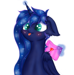 Size: 1067x1080 | Tagged: safe, artist:rurihal, character:princess luna, species:alicorn, species:pony, blushing, ethereal mane, female, galaxy mane, glowing horn, holiday, magic, mail, mare, simple background, solo, telekinesis, tongue out, valentine's day, white background