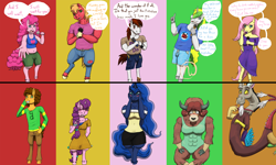 Size: 4000x2400 | Tagged: safe, artist:azurllinate, character:big mcintosh, character:cheese sandwich, character:discord, character:fluttershy, character:pinkie pie, character:pipsqueak, character:princess luna, character:sugar belle, character:yona, oc, oc:sol bright, species:alicorn, species:anthro, species:draconequus, species:earth pony, species:pegasus, species:pony, species:unicorn, species:yak, ship:cheesepie, ship:discoshy, ship:lunapip, ship:sugarmac, anthro oc, blushing, bow tie, canon x oc, clothing, dialogue, dress, female, male, microphone, nervous, older yona, shipping, singing, sitting, smiling, speech, speech bubble, straight, swimsuit