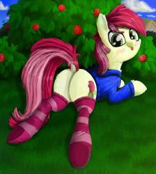 Size: 1920x2139 | Tagged: safe, artist:nuxersopus, character:roseluck, species:earth pony, species:pony, blep, blushing, chest fluff, clothing, cloud, cute, cuteluck, cutie mark, dock, female, flower, hoodie, looking at you, looking back, looking back at you, mare, plot, prone, rose, scenery, silly, silly pony, smiling, smiling at you, socks, solo, striped socks, tongue out, underhoof