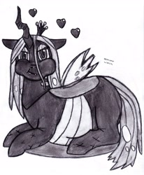 Size: 2531x3079 | Tagged: safe, artist:drchrisman, character:queen chrysalis, species:changeling, changeling overfeeding, chubby cheeks, fat, female, heart, high res, monochrome, queen chrysalard, solo, traditional art, weight gain
