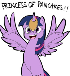 Size: 1280x1390 | Tagged: safe, artist:gintoki23, character:twilight sparkle, character:twilight sparkle (alicorn), species:alicorn, species:pony, bipedal, cute, exclamation point, female, food, horn impalement, i'm pancake, looking at you, mare, open mouth, pancakes, silly, silly pony, simple background, smiling, solo, spread wings, text, twiabetes, white background, wings