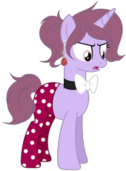 Size: 1227x1661 | Tagged: safe, artist:otakuchicky1, oc, parent:cayenne, parent:gladmane, species:pony, species:unicorn, bow tie, clothing, female, mare, offspring, pants, simple background, solo, transparent background
