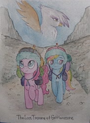 Size: 1501x2048 | Tagged: safe, artist:daisymane, character:gilda, character:pinkie pie, character:rainbow dash, species:earth pony, species:griffon, species:pegasus, species:pony, episode:the lost treasure of griffonstone, g4, my little pony: friendship is magic, clothing, female, hat, mare, raised hoof, saddle bag, traditional art
