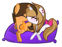Size: 813x617 | Tagged: safe, artist:sandra626, oc, oc only, species:pony, species:unicorn, blushing, bow, cushion, earring, female, freakii, headphones, justcola, kissing, male, necklace, pillow, shipping, straight