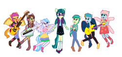 Size: 592x276 | Tagged: safe, artist:diana173076, character:gallus, character:juniper montage, character:ocellus, character:sandbar, character:silverstream, character:smolder, character:yona, my little pony:equestria girls, clothing, dress, equestria girls-ified, shoes, skirt, socks, student six