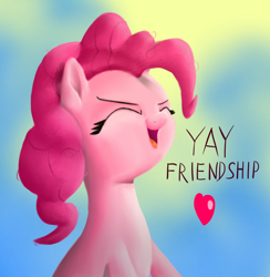 Size: 1378x1414 | Tagged: safe, artist:nuxersopus, character:pinkie pie, species:pony, cute, diapinkes, eyes closed, female, friendship, heart, open mouth, solo, yay