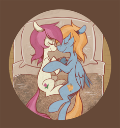 Size: 860x911 | Tagged: safe, artist:goatsocks, character:roseluck, oc, oc:eventide, species:pony, bed, boop, noseboop, shipping