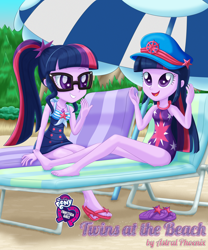 Size: 3000x3600 | Tagged: safe, artist:lifesharbinger, character:twilight sparkle, character:twilight sparkle (scitwi), species:eqg human, g4, my little pony: equestria girls, my little pony:equestria girls, barefoot, beach, beach chair, beach umbrella, clothing, cute, cutie mark on clothes, equestria girls logo, fanfic, fanfic art, fanfic cover, feet, female, geode of telekinesis, magical geodes, open mouth, request, sand, sandals, self paradox, sitting, sleeveless, swimsuit, twiabetes, twolight