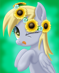 Size: 806x997 | Tagged: safe, artist:lifesharbinger, character:derpy hooves, species:pegasus, species:pony, cute, derpabetes, female, floral head wreath, flower, flower in hair, mare, one eye closed, solo, sunflower, tongue out