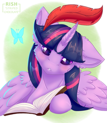 Size: 943x1080 | Tagged: safe, artist:striped-chocolate, rcf community, character:twilight sparkle, character:twilight sparkle (alicorn), species:alicorn, species:pony, book, butterfly, eye clipping through hair, female, prone, quill, reading, signature, solo