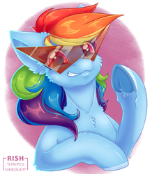 Size: 943x1080 | Tagged: safe, artist:striped-chocolate, rcf community, character:rainbow dash, species:pony, bust, female, grin, kamina sunglasses, portrait, signature, simple background, smiling, solo, sunglasses