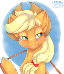 Size: 943x1080 | Tagged: safe, artist:striped-chocolate, rcf community, character:applejack, species:pony, bust, female, lidded eyes, portrait, rope, signature, simple background, smiling, solo