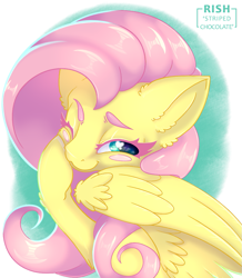 Size: 943x1080 | Tagged: safe, artist:striped-chocolate, rcf community, character:fluttershy, species:pony, blush sticker, blushing, bust, cute, female, head tilt, hoof on cheek, looking at you, looking sideways, one eye closed, portrait, shyabetes, signature, simple background, smiling, solo, spread wings, wings