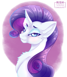 Size: 943x1080 | Tagged: safe, artist:striped-chocolate, rcf community, character:rarity, species:pony, bust, chest fluff, ear fluff, female, heart eyes, lidded eyes, portrait, signature, simple background, smiling, solo, wingding eyes