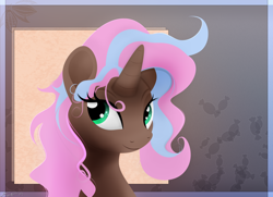 Size: 1602x1158 | Tagged: safe, artist:startledflowerpony, character:cocoa candy, species:pony, species:unicorn, g4, bust, portrait, solo