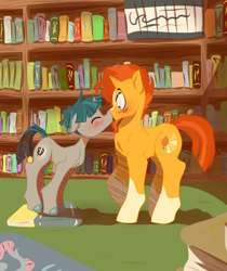 Size: 3024x3600 | Tagged: safe, artist:heyerika, character:stygian, character:sunburst, species:pony, species:unicorn, backwards cutie mark, beard, blaze (coat marking), blushing, book, bookshelf, boop, colored hooves, crack shipping, cute, embarrassed, everyone is gay for sunburst, eyes closed, facial hair, featured on derpibooru, floppy ears, gay, glasses, horn, kissing, leg fluff, library, male, noseboop, raised hoof, shipping, shrunken pupils, size difference, socks (coat marking), stallion, styburst, stygianbetes, sunbetes, surprise kiss, surprised, sweet dreams fuel, wide eyes