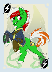 Size: 260x363 | Tagged: safe, artist:bluekite-falls, artist:sky-railroad, oc, oc only, oc:wandering sunrise, species:earth pony, species:pony, fallout equestria, clothing, fallout equestria: dead tree, female, mare, pipbuck, prance card game, prancing, rearing, solo, vault suit, wandering sunrise