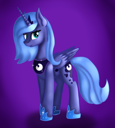 Size: 1843x2048 | Tagged: safe, artist:apostolllll, artist:jbond, edit, character:princess luna, species:alicorn, species:pony, color edit, colored, crown, cute, female, gradient background, hoof shoes, jewelry, lunabetes, mare, painting, peytral, regalia, s1 luna, solo