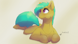 Size: 2560x1440 | Tagged: safe, artist:fuzzypones, species:pony, blushing, hoofsies, lying down, male, prone, solo