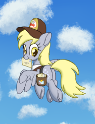 Size: 2000x2600 | Tagged: safe, artist:litrojia, character:derpy hooves, species:pegasus, species:pony, :t, bag, clothing, cloud, cute, derpabetes, dock, female, floppy ears, flying, hat, letter, looking at you, looking back, looking back at you, mail, mailbag, mailmare, mailmare hat, mailpony, mare, mouth hold, plot, saddle bag, satchel, sky, smiling, solo, spread wings, underhoof, uniform, wings