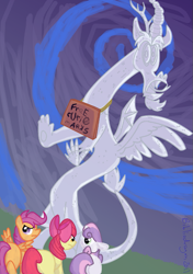 Size: 569x809 | Tagged: safe, artist:bibliodragon, character:apple bloom, character:discord, character:scootaloo, character:sweetie belle, species:earth pony, species:pegasus, species:pony, species:unicorn, cutie mark crusaders, female, filly, sign