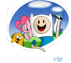 Size: 1700x1500 | Tagged: safe, artist:icebreak23, character:pinkie pie, adventure time, crossover, finn the human, jake the dog, mordecai, regular show